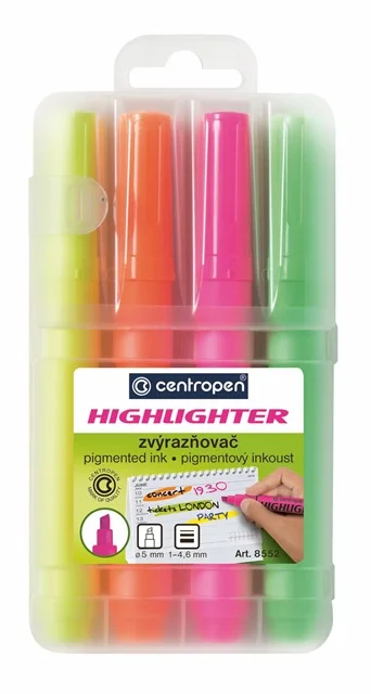 Zvýrazňovač Centropen Highlighter 8552/4 - klínový hrot, 1-4,6 mm, sada 4 ks Značkový