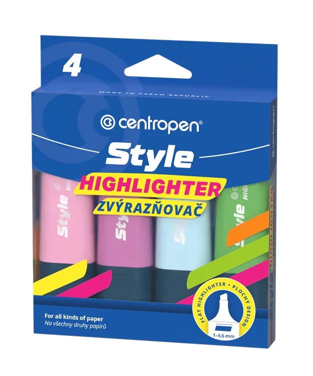 Zvýrazňovač Centropen Highlighter Style Soft 6252/4 - klínový hrot, 1-4,6 mm, sada 4 ks Výhodná Nabídka