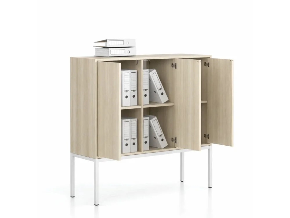 Akční Nabídka Kancelářská skříň FRAME, nízká, bílá podnož, 3x dveře, 1299 x 450 x 1331 mm, PUSH-lock, dub přírodní