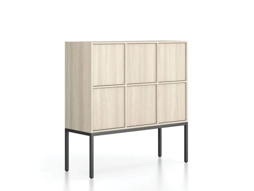 Koupit Online Kancelářská skříň FRAME, nízká, černá podnož, 6x dveře, 1299 x 450 x 1331 mm, PUSH-lock, dub přírodní