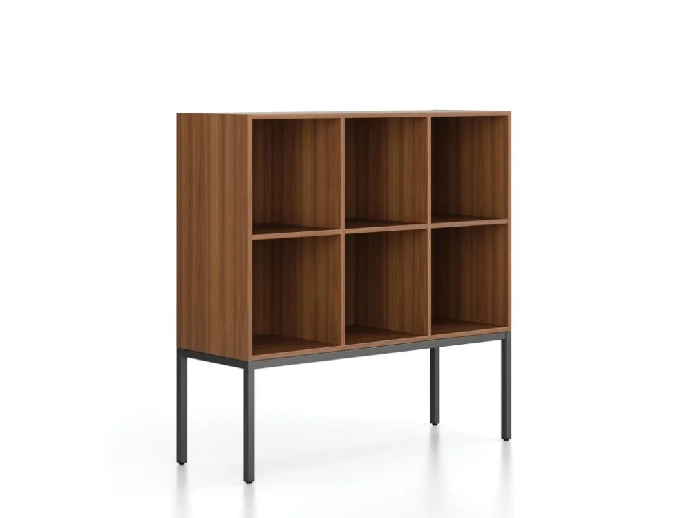 Sleva Regál FRAME, nízký, s černou podnoží, 1299 x 450 x 1331 mm, ořech