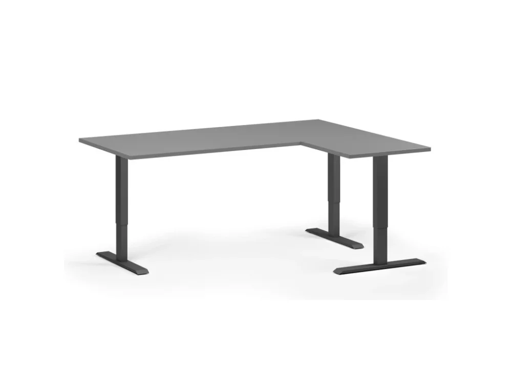 Koupit Online Rohový výškově nastavitelný stůl, 180x140 cm, 3 motory, L/P, černá podnož, grafit