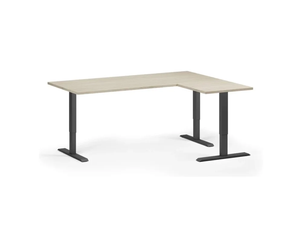 Rohový výškově nastavitelný stůl, 180x140 cm, 3 motory, L/P, černá podnož, dub přírodní Speciální Cena