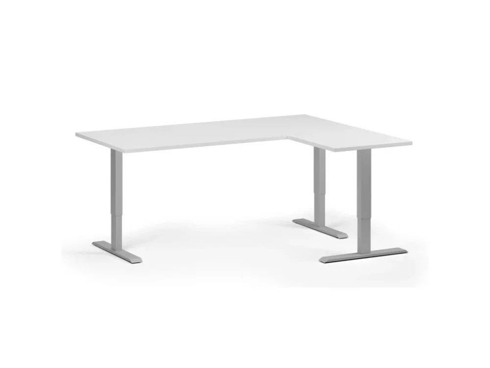Koupit Online Rohový výškově nastavitelný stůl, 180x140 cm, 3 motory, L/P, šedá podnož, bílá