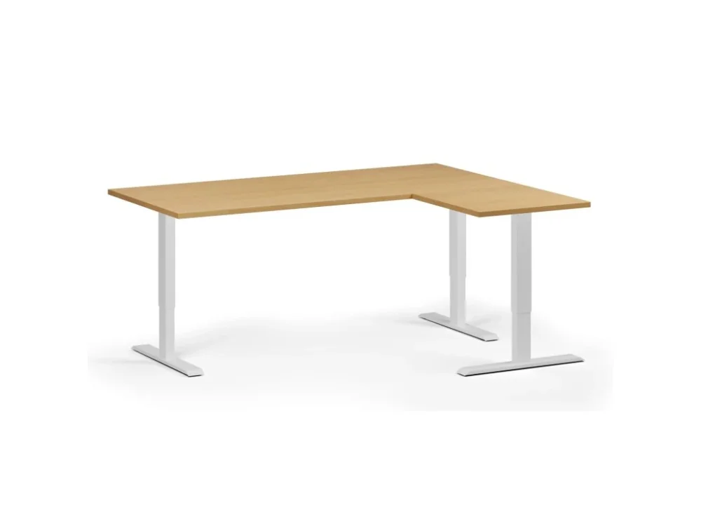 Must-Have Rohový výškově nastavitelný stůl, 180x140 cm, 3 motory, L/P, bílá podnož, buk