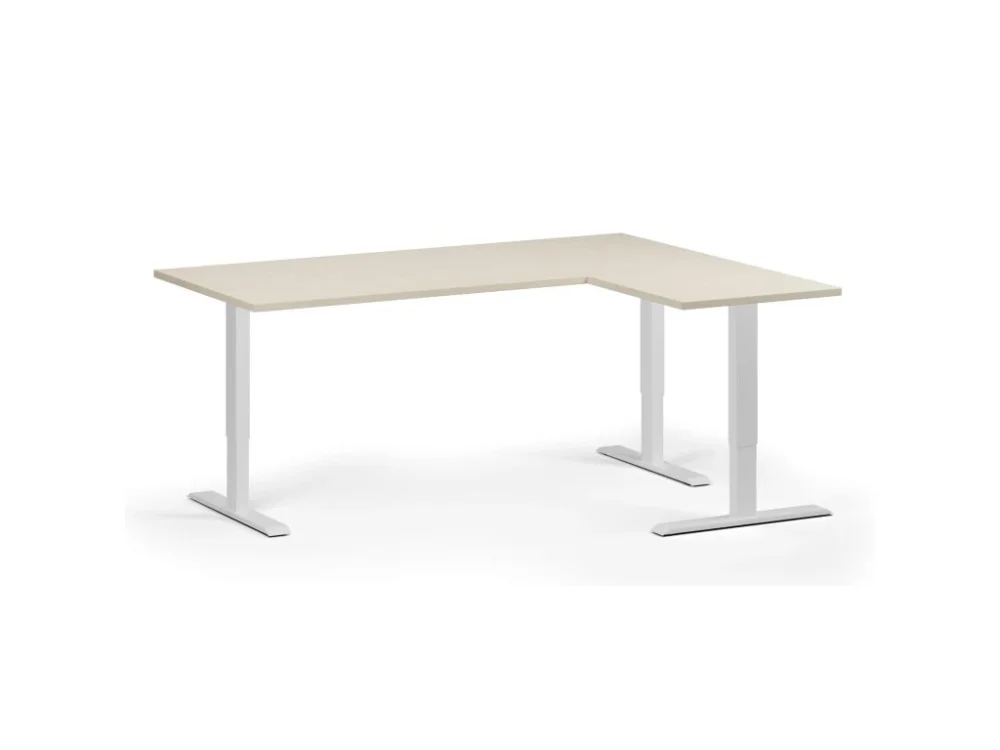 Koupit Online Rohový výškově nastavitelný stůl, 180x140 cm, 3 motory, L/P, bílá podnož, bříza