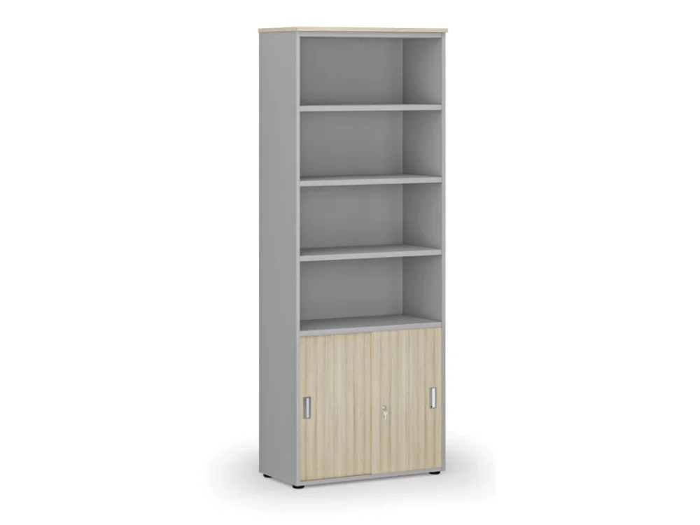 Akční Cena Kombinovaná kancelářská skříň PRIMO GRAY, zasouvací dveře na 2 patra, 800 x 420 x 2128 mm, šedá/dub přírodní