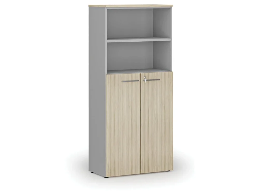 Kombinovaná kancelářská skříň PRIMO GRAY, dveře na 3 patra, 800 x 420 x 1781 mm, šedá/dub přírodní Zlevněný