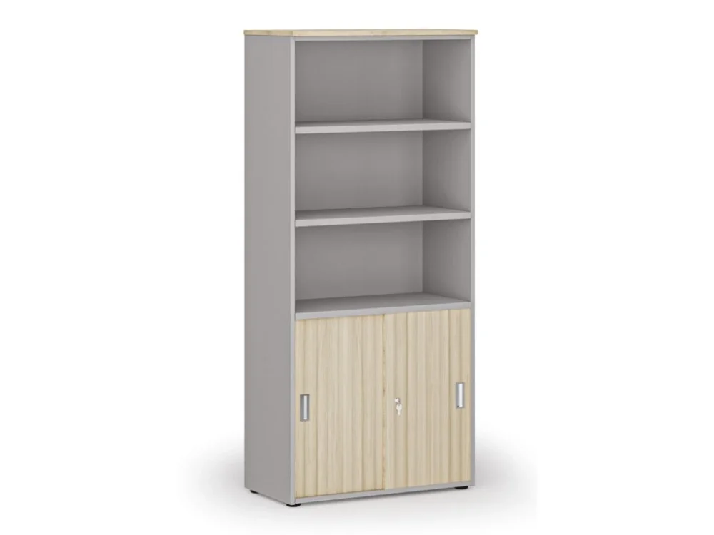 Kombinovaná kancelářská skříň PRIMO GRAY, zasouvací dveře na 2 patra, 800 x 420 x 1781 mm, šedá/dub přírodní Rychlé Dodání