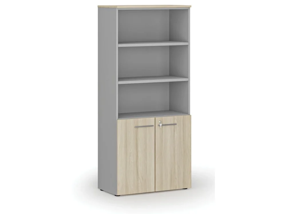 Kombinovaná kancelářská skříň PRIMO GRAY, dveře na 2 patra, 800 x 420 x 1781 mm, šedá/dub přírodní Víkendová Akce