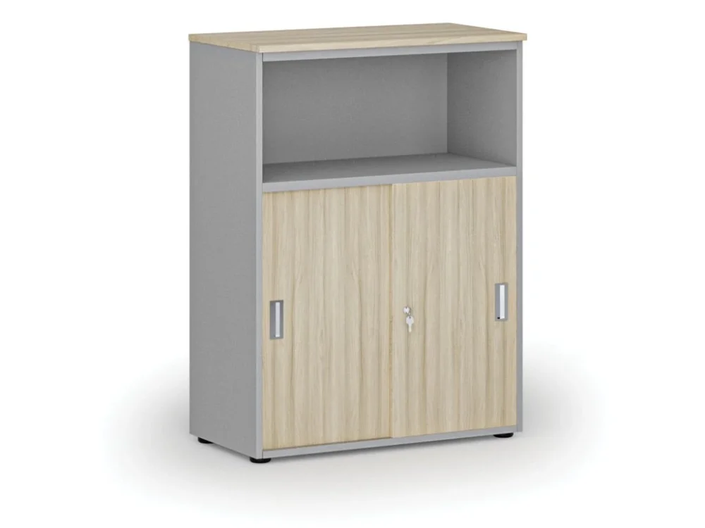 Speciální Cena Kombinovaná kancelářská skříň se zásuvnými dveřmi PRIMO GRAY, 800 x 420 x 1087 mm, šedá/dub přírodní