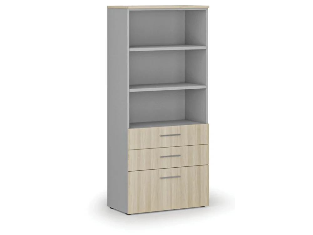 Kancelářská skříň s kombinovanými zásuvkami PRIMO GRAY, 800 x 420 x 1781 mm, šedá/dub přírodní Aktuální