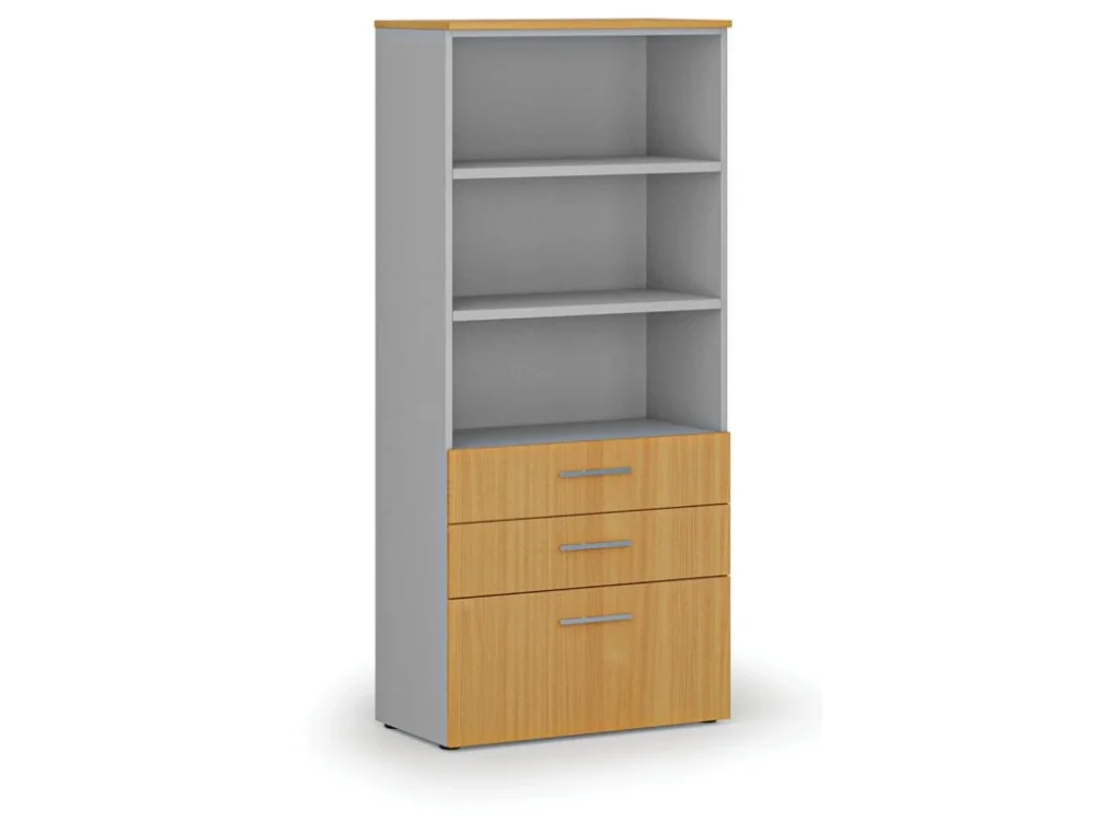 Kancelářská skříň s kombinovanými zásuvkami PRIMO GRAY, 800 x 420 x 1781 mm, šedá/buk Výprodej