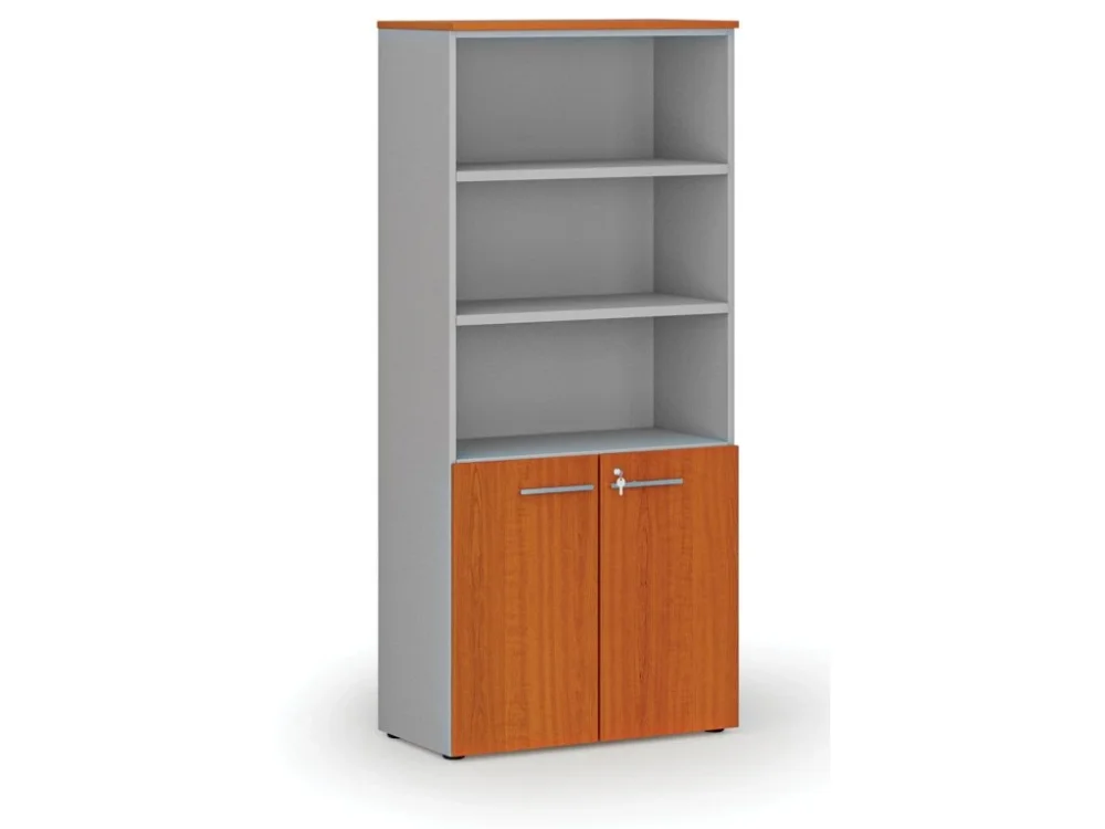 Sezónní Sleva Kombinovaná kancelářská skříň PRIMO GRAY, dveře na 2 patra, 800 x 420 x 1781 mm, šedá/třešeň