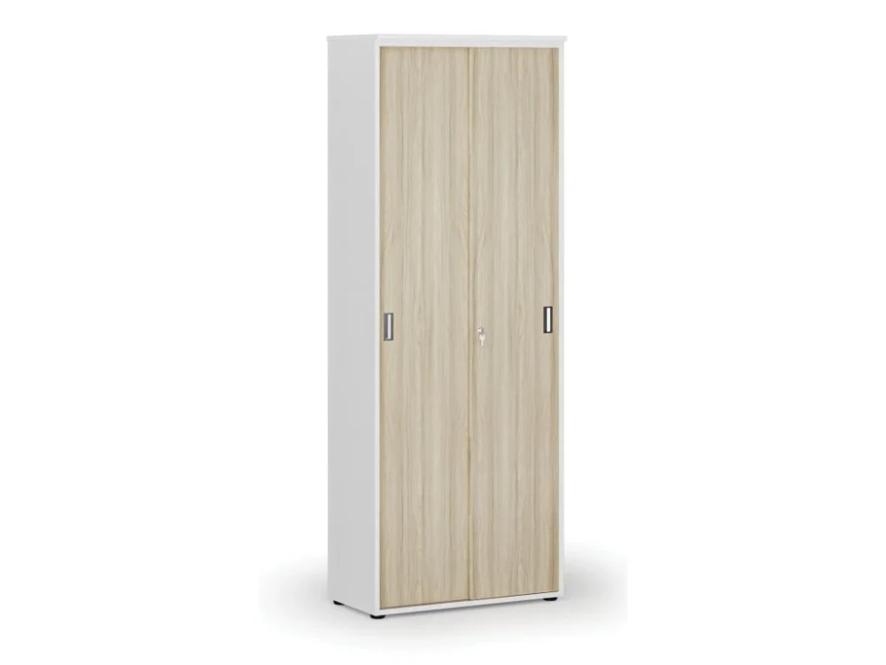 Kancelářská skříň se zasouvacími dveřmi PRIMO WHITE, 800 x 420 x 2128 mm, bílá/dub přírodní Vysoce Kvalitní