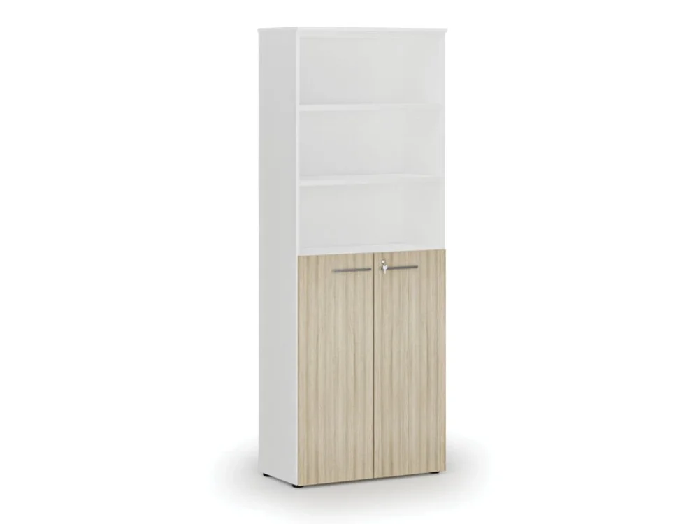 Kombinovaná kancelářská skříň PRIMO WHITE, dveře na 3 patra, 800 x 420 x 2128 mm, bílá/dub přírodní Aktuální