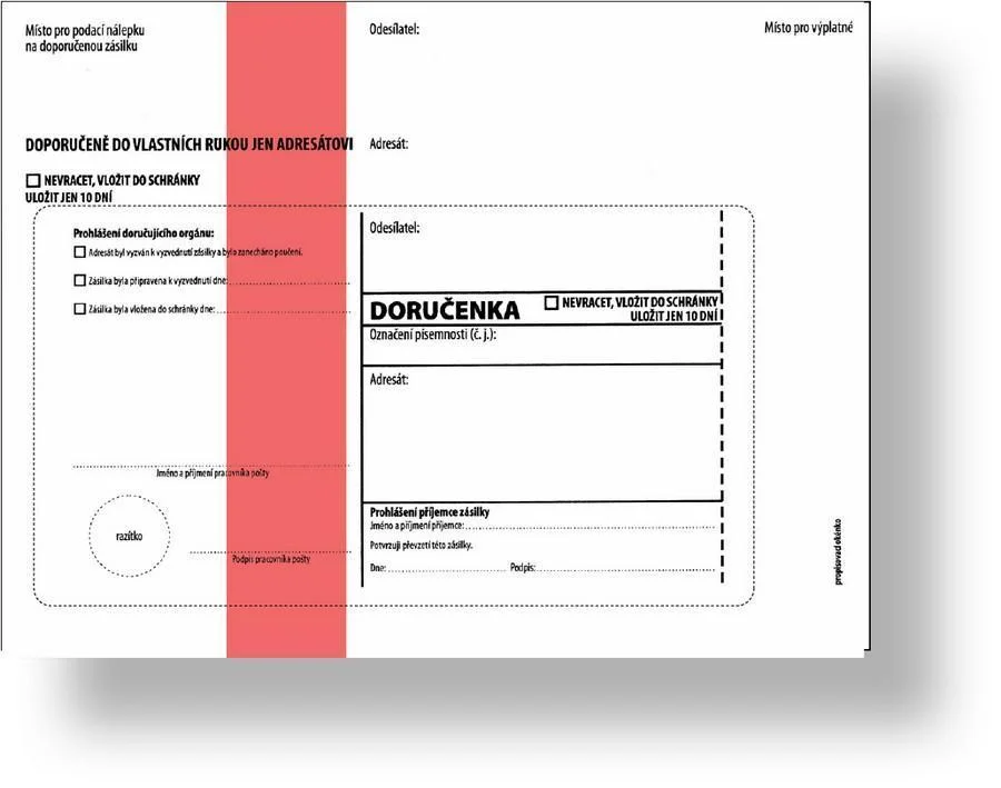 Obálka s doručenkou a odtrhovacím poučením (správní řád) 162 x 217, červený pruh, text, 100 ks Ověřený