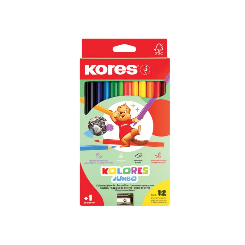 Pastelky trojhranné Kores Kolores Jumbo s ořezávátkem, 12 ks Výprodej