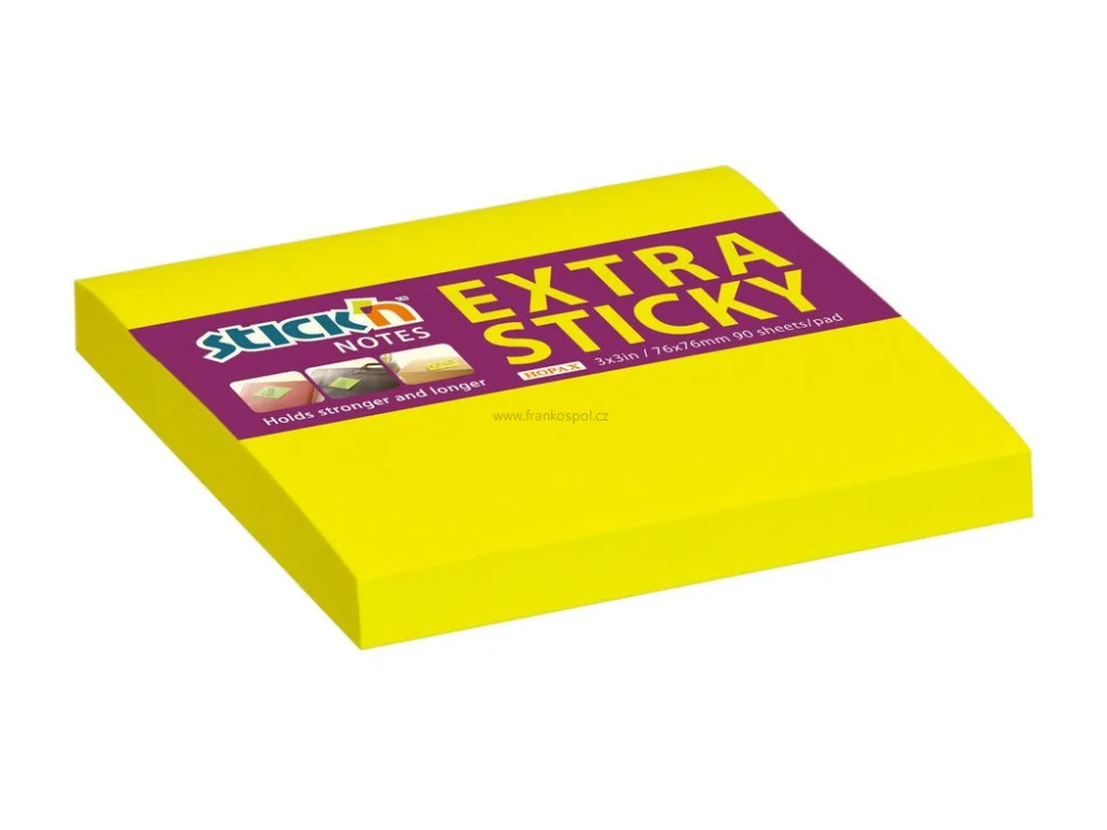 Samolepicí bloček Stick'n by HOPAX Extra Sticky, 76 x 76 mm, 90 lístků, neon žlutý Cenově Výhodný
