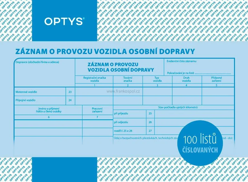 Speciální Cena Záznam o provozu vozidla osobní dopravy A5, číslovaný, 100 listů