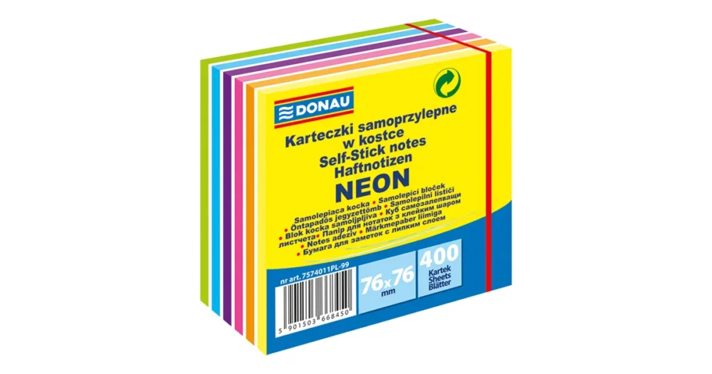 Samolepicí bloček, 76x76 mm, 400 lístků, DONAU, neonové a pastelové barvy Výprodej