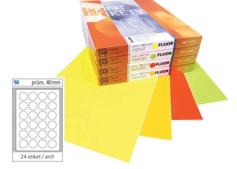 Nová Kolekce Print etikety A4 pro laserový tisk - fluorescentní - kulaté prům.40 mm ( 24 etiket / arch) fluorescentní zelená