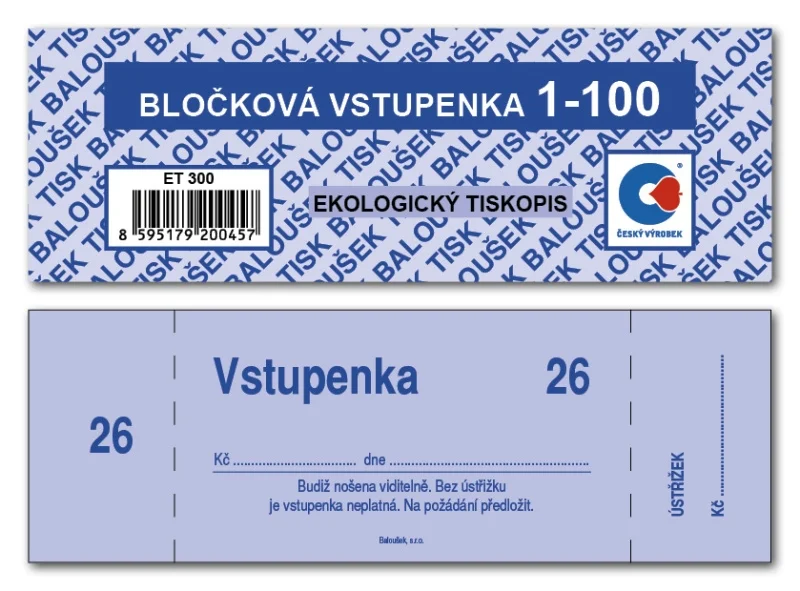 Bločkové vstupenky - 133 x 39 mm / 1-100 / 4 odstíny barev / ET300 Levný