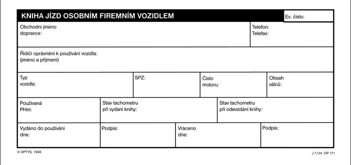 Kniha jízd Optys-1/3 A4 / osobního firmního vozidla 32 listů / 1171 Tovární Cena