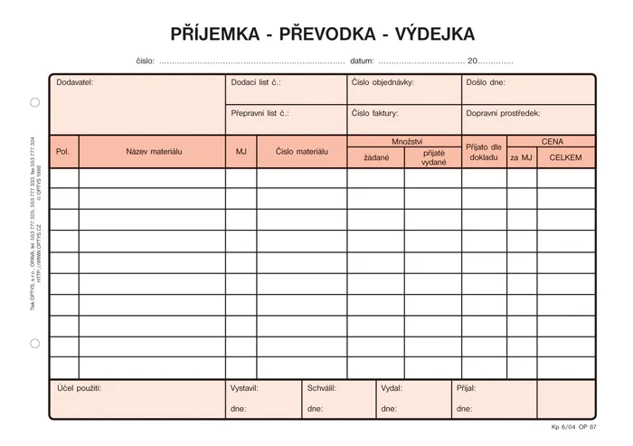 Příjemka -Převodka - Výdejka Optys - A5 / 100 listůNCR / 1087 Nová Kolekce