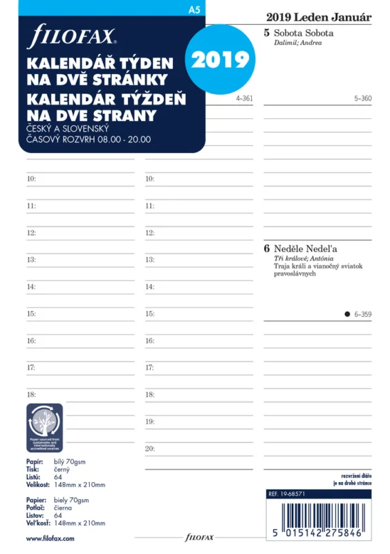 Náhradní vložka do diářů Filofax - kalendář A5 týden / 2 strany Nakupujte Hned