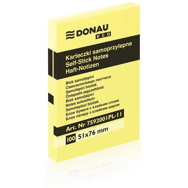 Samolepicí bloček Donau - 76 x 51 mm, "ECO" žlutý, 100 lístků Sleva