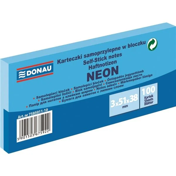 Nejprodávanější Samolepicí bloček Donau - 38 x 51 mm, neonový modrý, 3 x 100 lístků