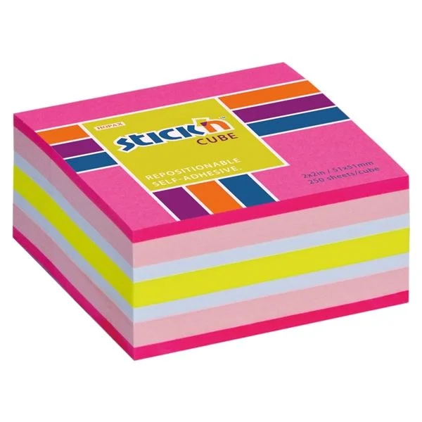 Originální Samolepicí bloček v kostce Stick'n by Hopax - 51 x 51 mm, neonově růžový, 250 lístků