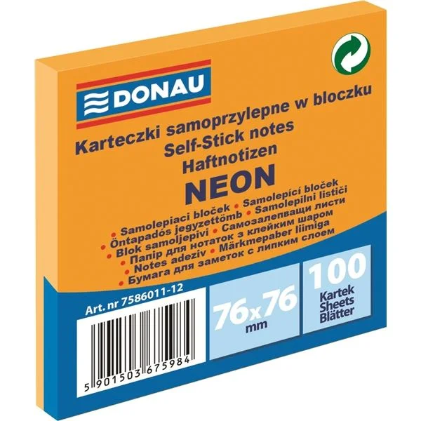 Aktuální Samolepicí bloček Donau - 76 x 76 mm, neonový oranžový, 100 lístků