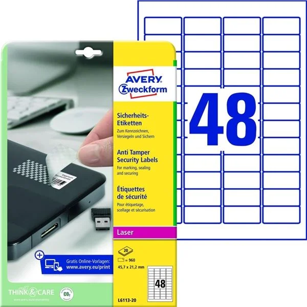 Originální Etikety s ochranou proti manipulaci Avery Zweckform - bílé, "šachovnice", 45,7 x 21,2 mm, 960 ks
