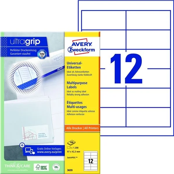 Univerzální etikety Avery Zweckform - bílé, 97 x 42,3 mm, 1 200 ks Značkový