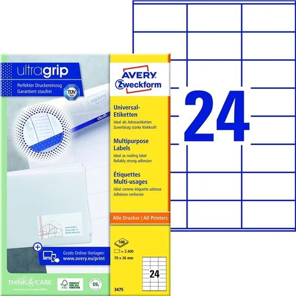 Univerzální etikety Avery Zweckform - bílé, 70 x 36 mm, 2 400 ks Akční Nabídka