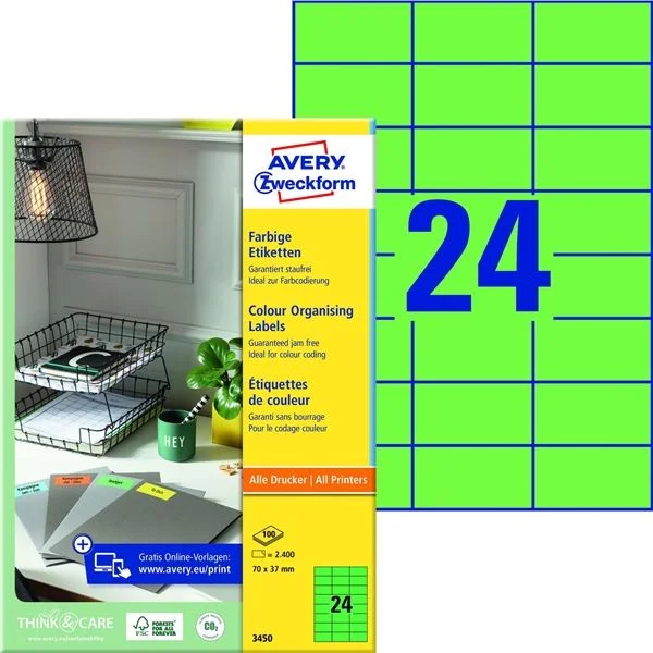 Univerzální etikety Avery Zweckform - zelené, 70 x 37 mm, 2400 ks Speciální Cena