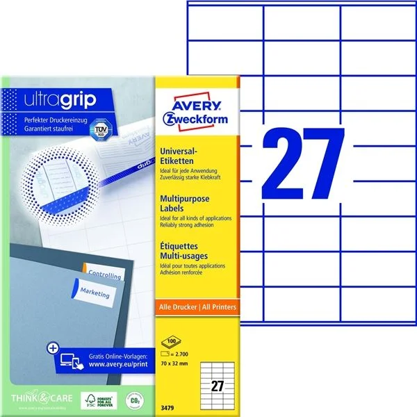 Univerzální etikety Avery Zweckform - bílé, 70 x 32 mm, 2 700 ks Hit Sezóny