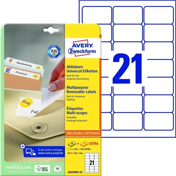 Oblíbený Snímatelné etikety Avery Zweckform - bílé, 63,5 x 38,1 mm, 630 ks