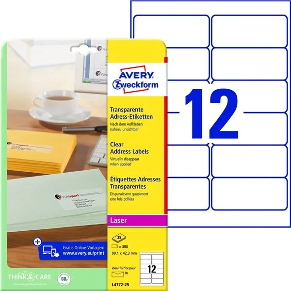 Autentický Etikety na zásilky Avery Zweckform - transparentní, 99,1 x 42,3 mm, 300 ks
