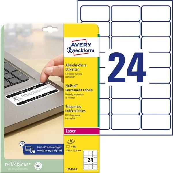 Etikety s ochranou proti manipulaci Avery - bílé, "viditelná manipulace", 63,5 x 33,9 mm, 480ks Rychlé Dodání