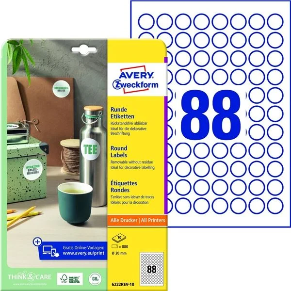Snímatelné kulaté etikety Avery Zweckform - bílé, průměr 20 mm, 880 ks Zlevněný